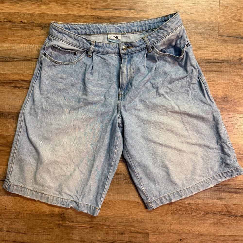 Future Collective Denim Bermuda Shorts Light Wash Pleated Jean Shorts Jorts 10